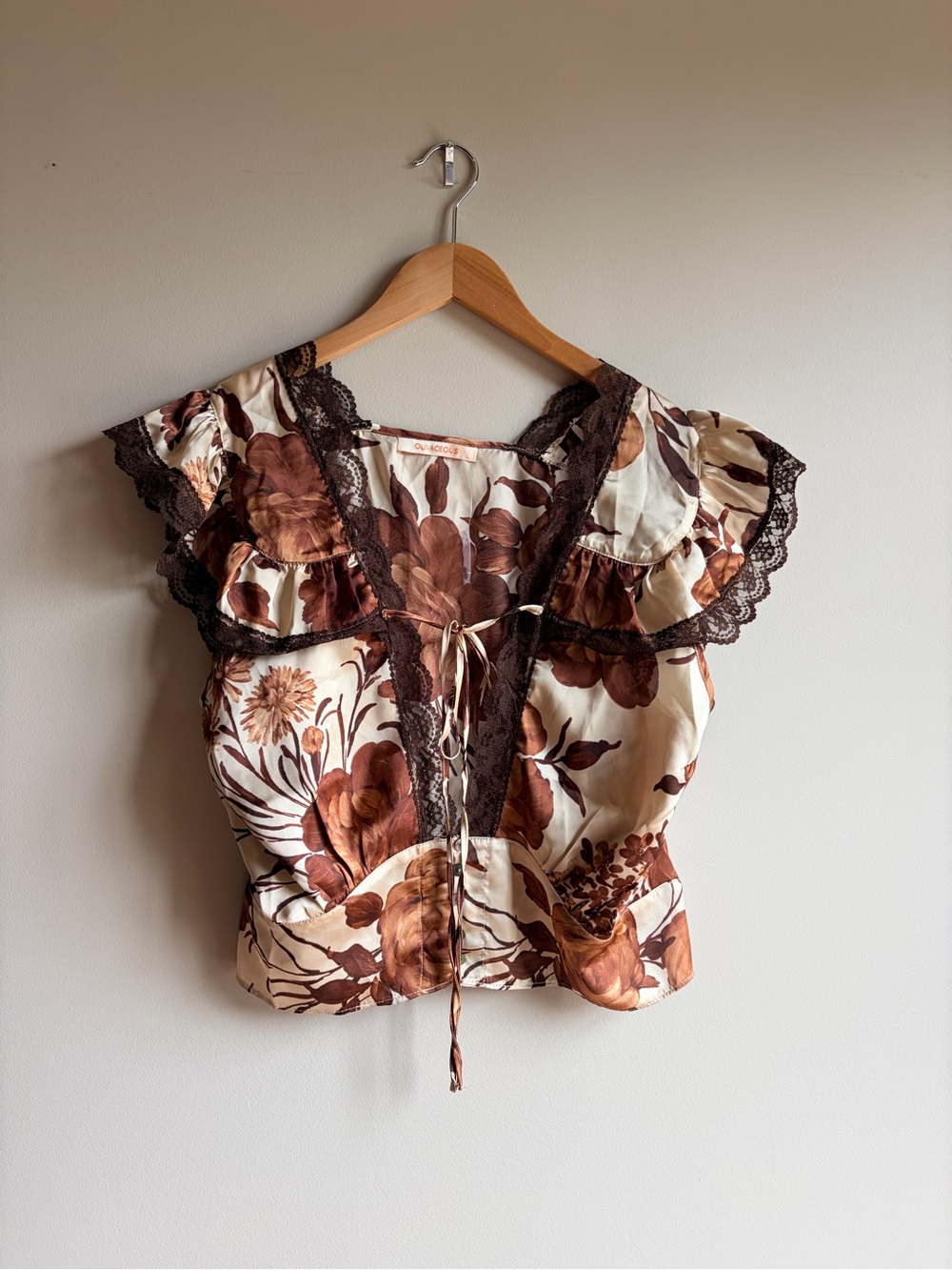 Olivaceous Brown Floral Lace-Trim Tie-Front Blouse